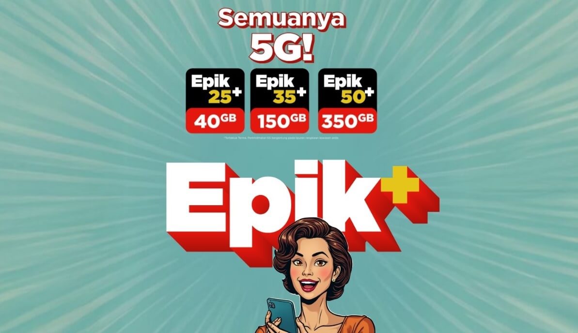 Ilustrasi yang mempromosikan pelan prabayar 5G Tune Talk "Epik+". Grafik tersebut memaparkan seorang wanita dalam gaya seni pop yang memegang telefon pintar dengan latar belakang cahaya matahari berwarna biru kehijauan